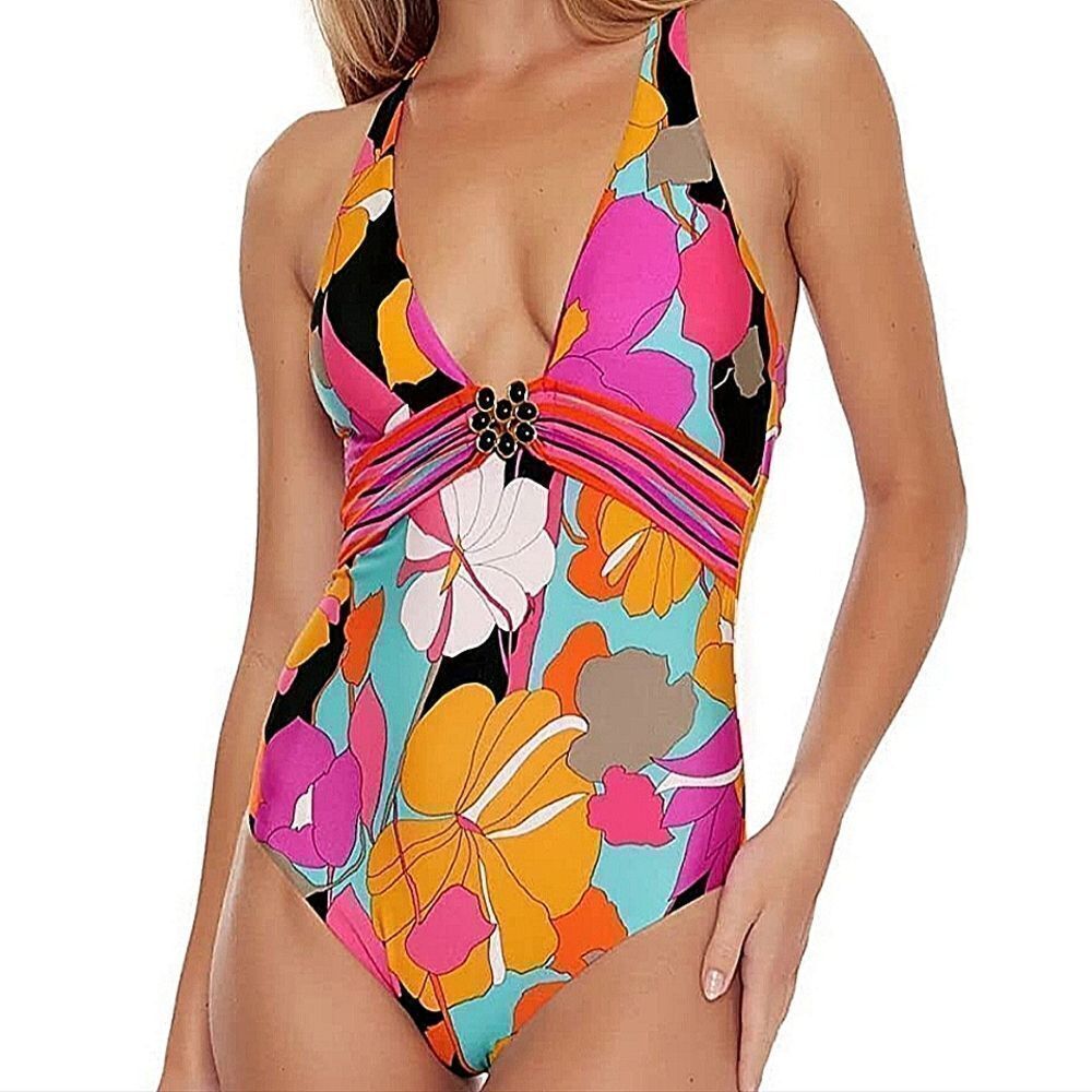 Trina Turk Multicolor Gemini Medallion One Piece Plunge Maillot Swimsuit Size 14